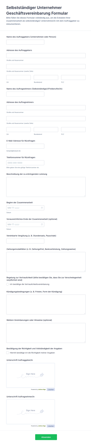 Selbstständiger Unternehmer Geschäftsvereinbarung Formular