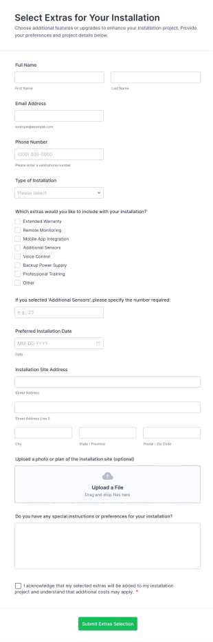 Select Extras For Your Installation Form Template