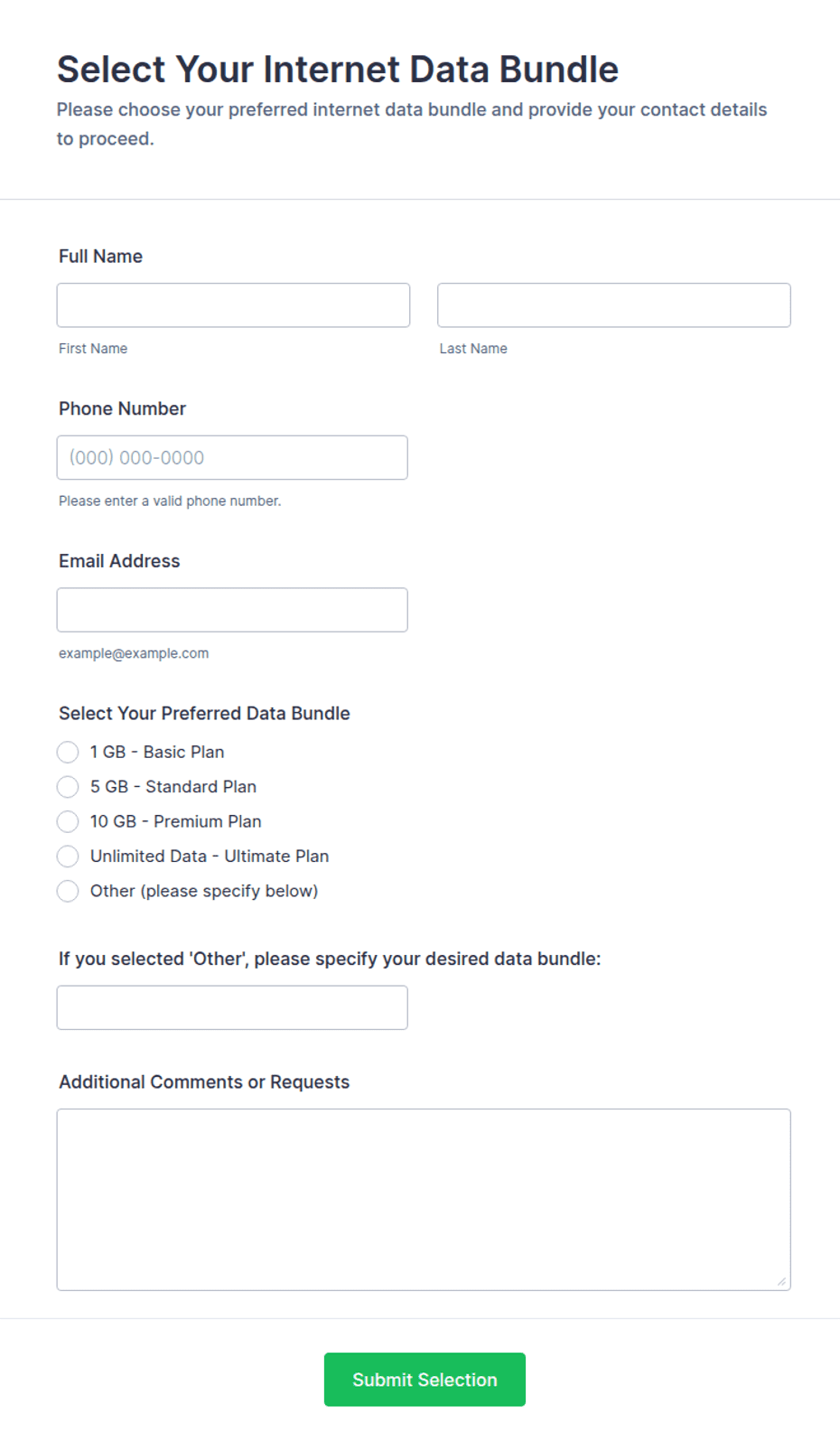 Select Your Internet Data Bundle Form Template | Jotform