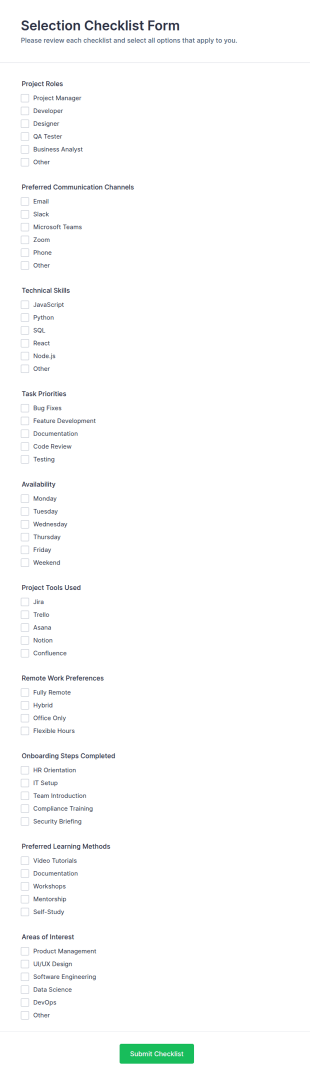 Selection Checklist Form Template