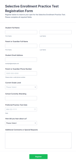Selective Enrollment Practice Test Registration Form Template