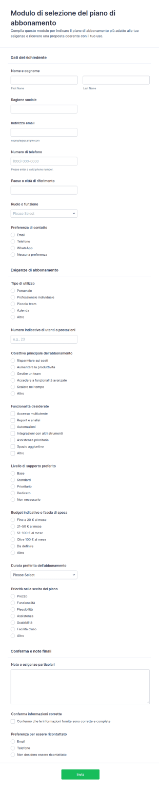 Selezione Piano Di Abbonamento Form