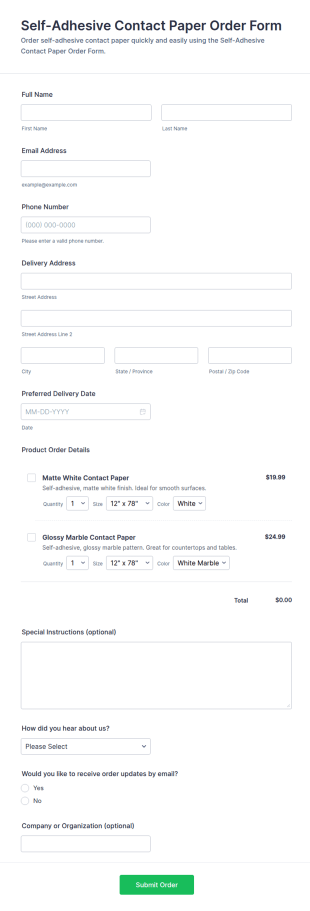 Self Adhesive Contact Paper Order Form Template