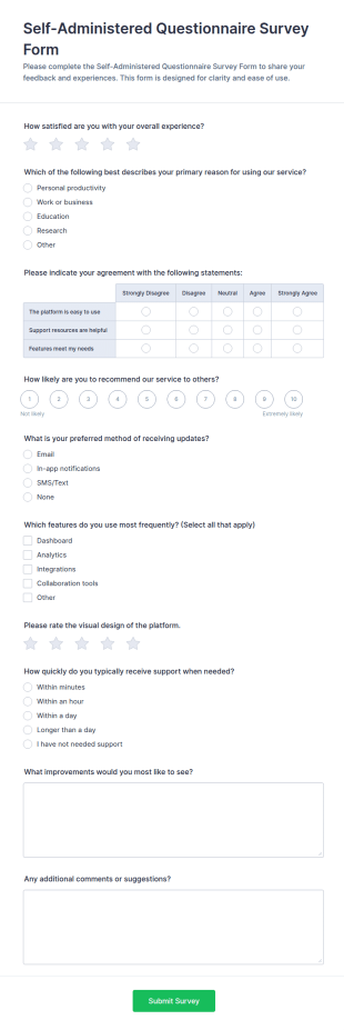 Self Administered Questionnaire Survey Form Template