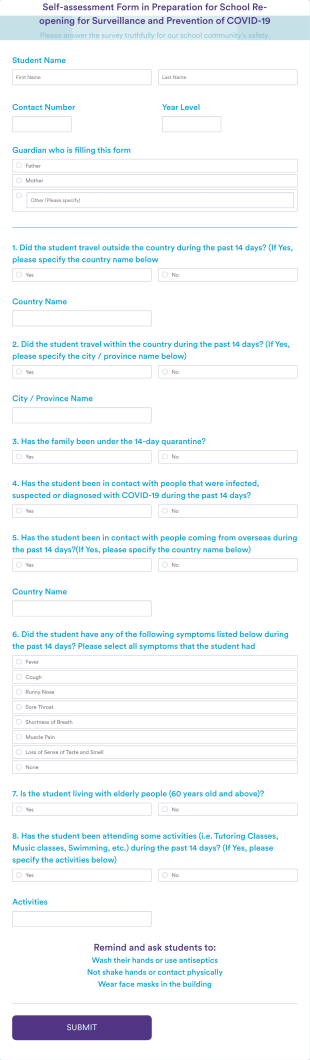 Self Assessment Form For Students In Preparation For School Form Template