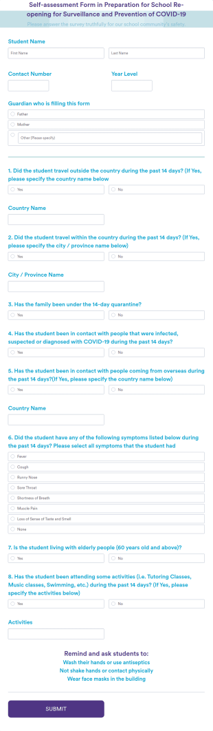 Self Assessment Form For Students In Preparation For School