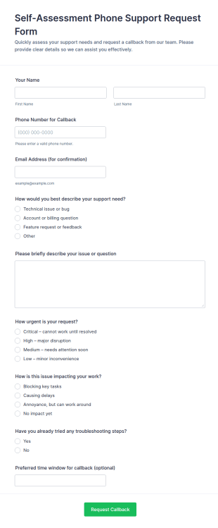 Self Assessment Phone Support Request Form Template