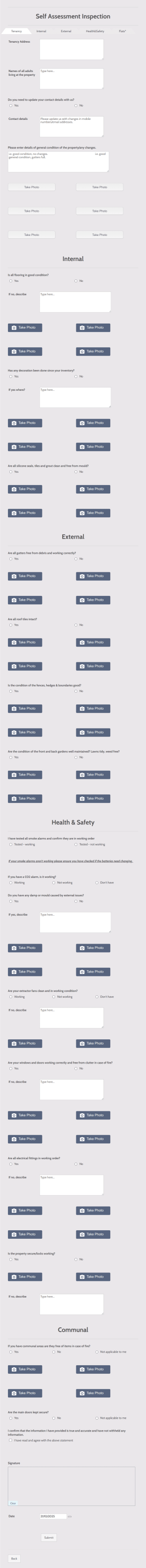 Self Assessment Property Inspection Form Template