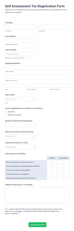 Self Assessment Tax Registration Form Template