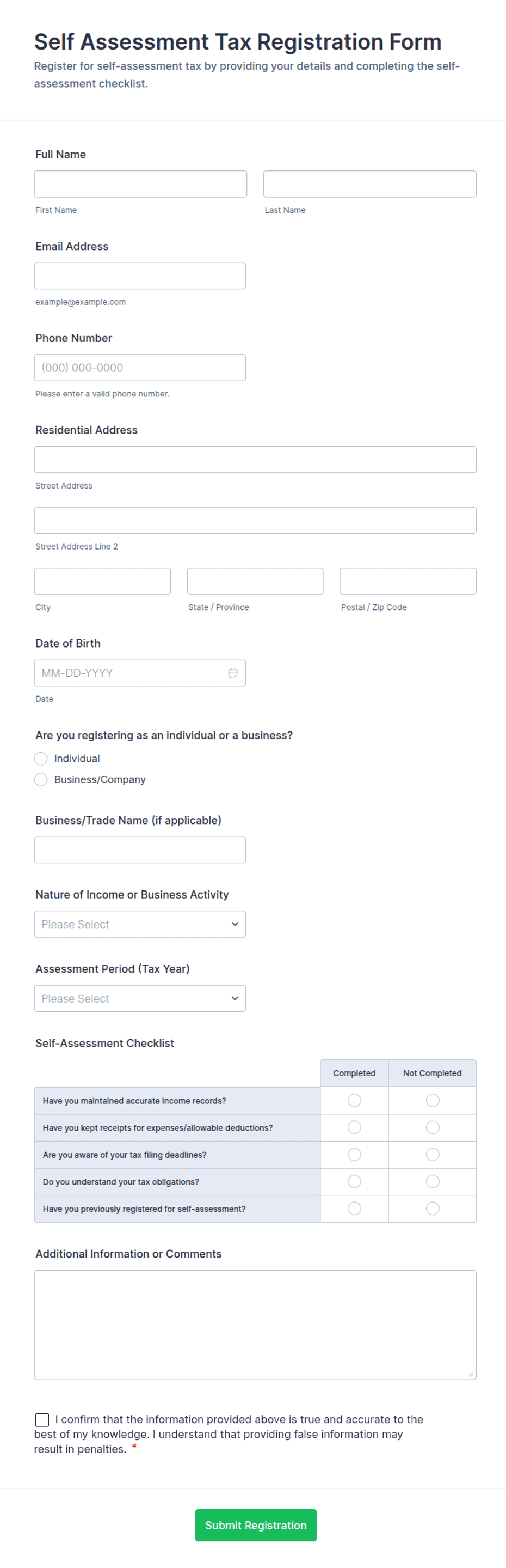 Saf Form Self Assessment Tax Registration Form Template | Jotform