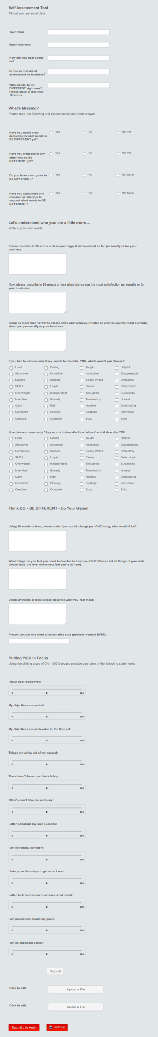 Self Assessment Tool Form Template