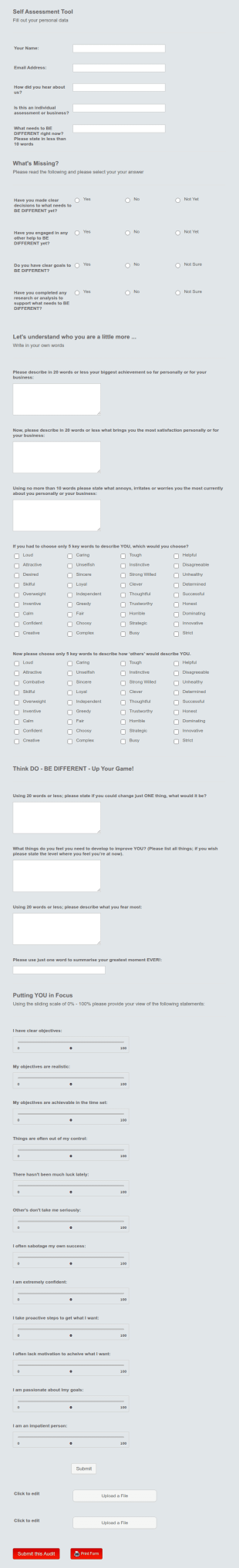 Self Assessment Tool Form Template