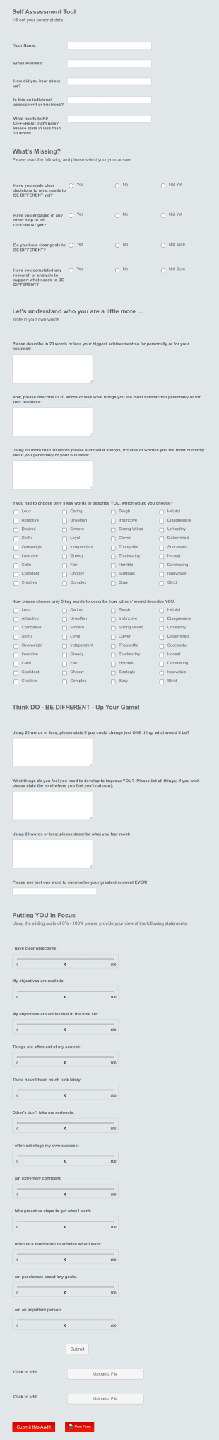 Self Assessment Tool Form Template