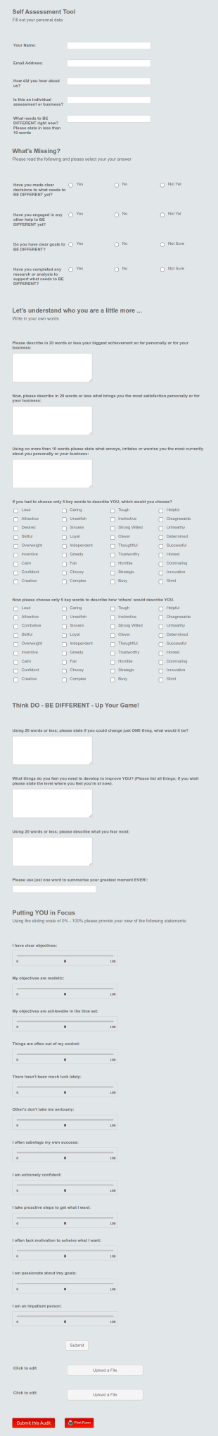 Self Assessment Tool Form Template