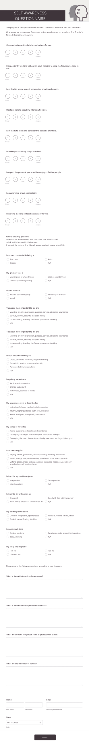 Self Awareness Questionnaire Form Template
