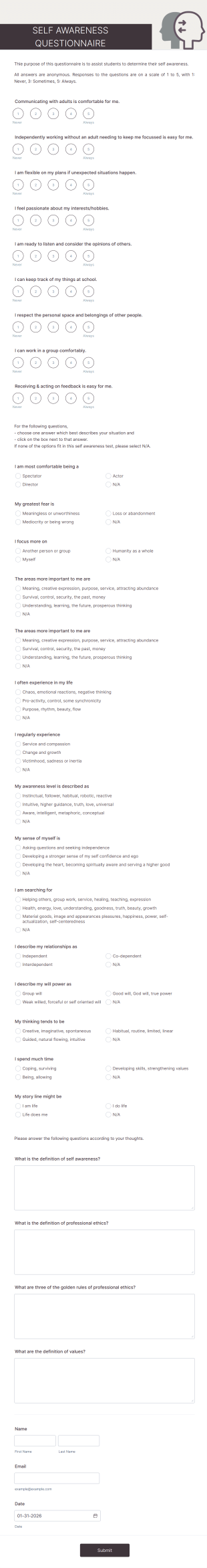 Self Awareness Questionnaire Form Template