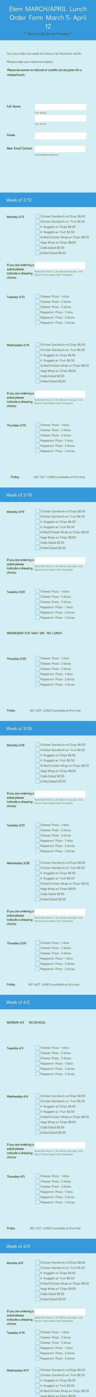 Self Calculating Nca Elem Lunch Form Template