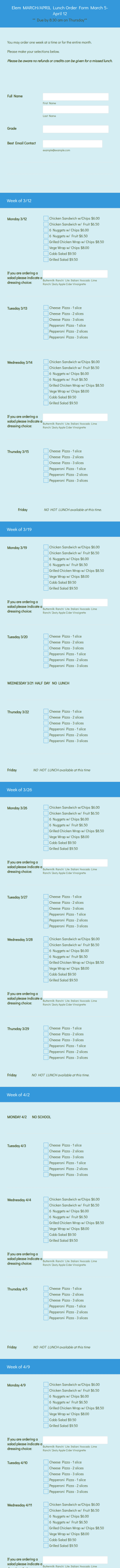 Self Calculating Nca Elem Lunch Form Template