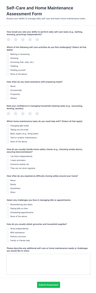 Self Care And Home Maintenance Assessment Form Template