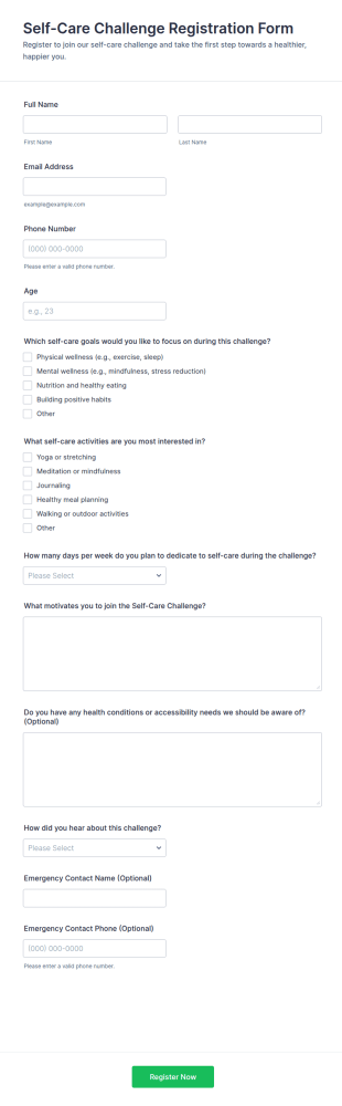 Self Care Challenge Registration Form Template