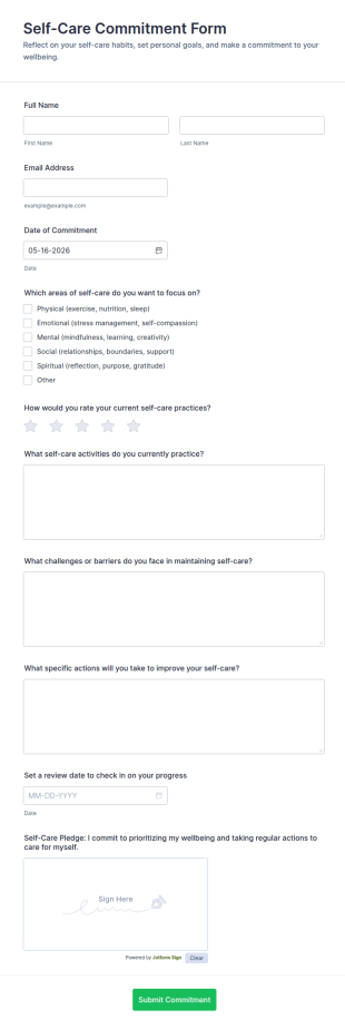 Self Care Commitment Form Template