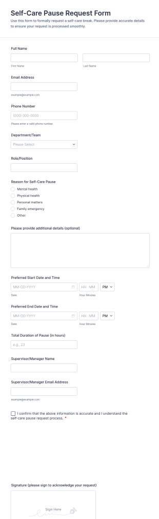 Self Care Pause Request Form Template
