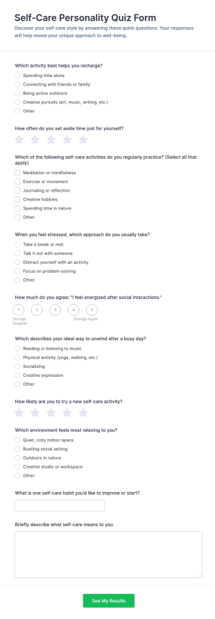 Self Care Personality Quiz Form Template