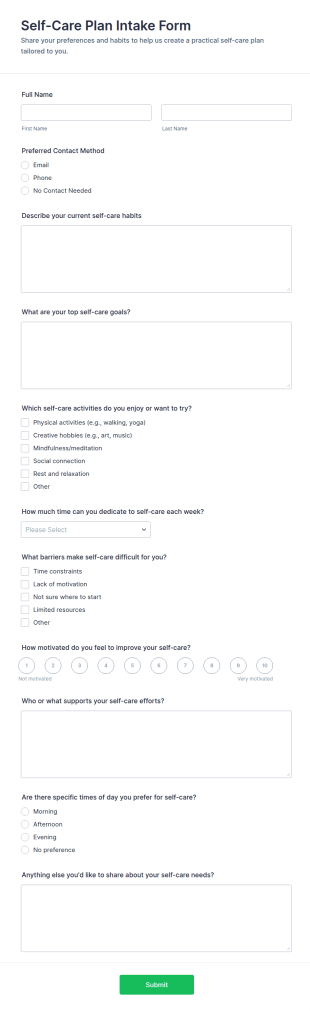 Self Care Plan Intake Form Template