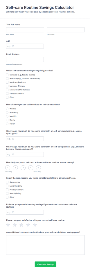 Self Care Routine Savings Calculator Form Template