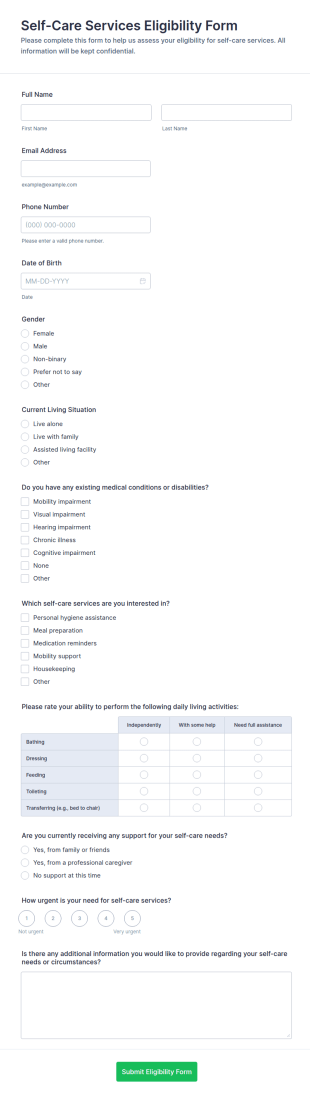 Self Care Services Eligibility Form Template