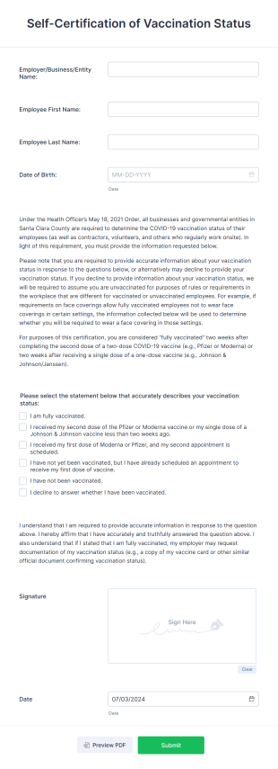 Self Certification Of Vaccination Status Form Template