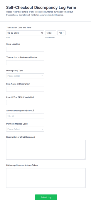 Self Checkout Discrepancy Log Form Template