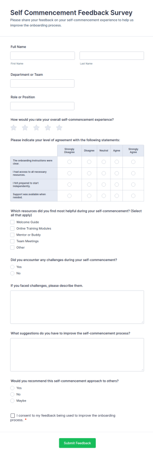 Self Commencement Feedback Survey Form Template