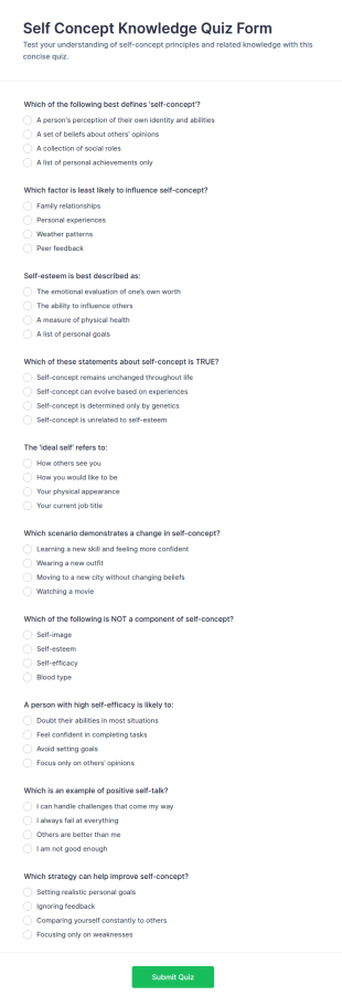 Self Concept Knowledge Quiz Form Template