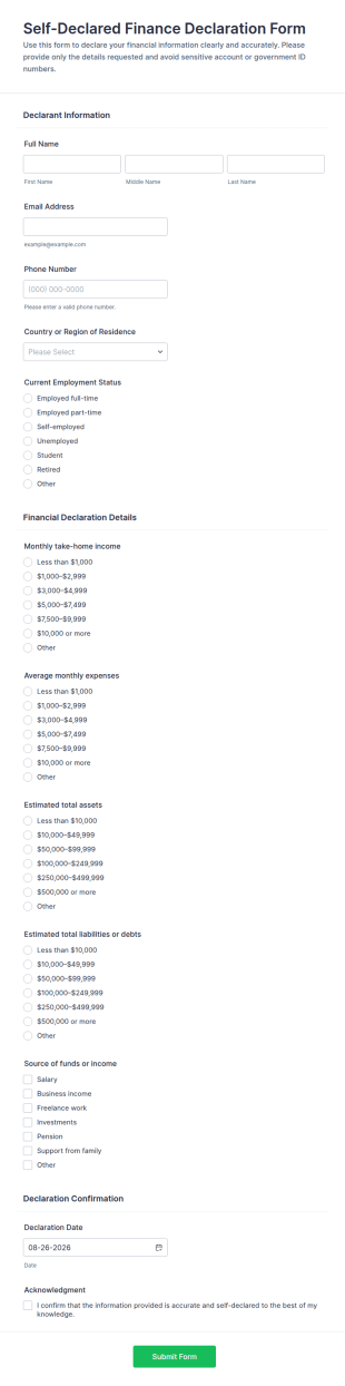 Self Declared Finance Declaration Form Template