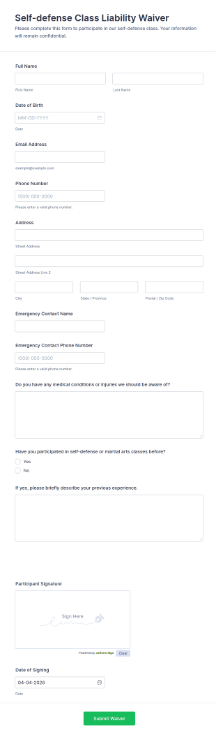 Self Defense Class Liability Waiver Form Template