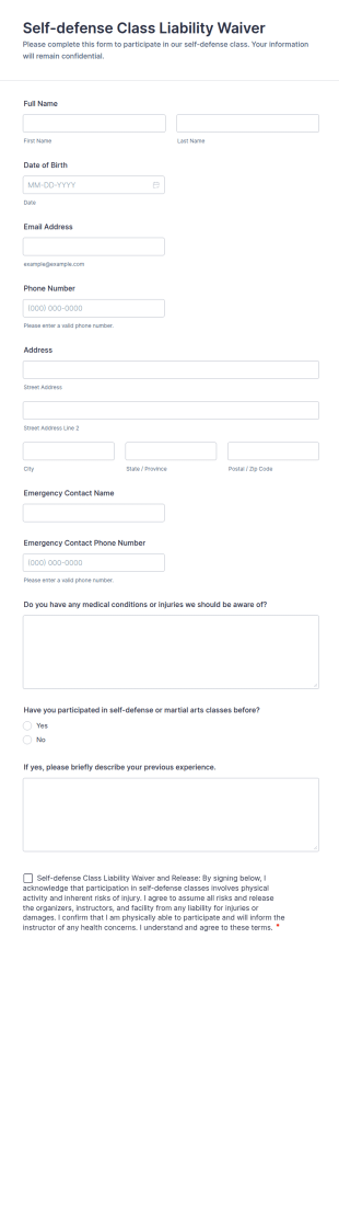 Self Defense Class Liability Waiver Form Template