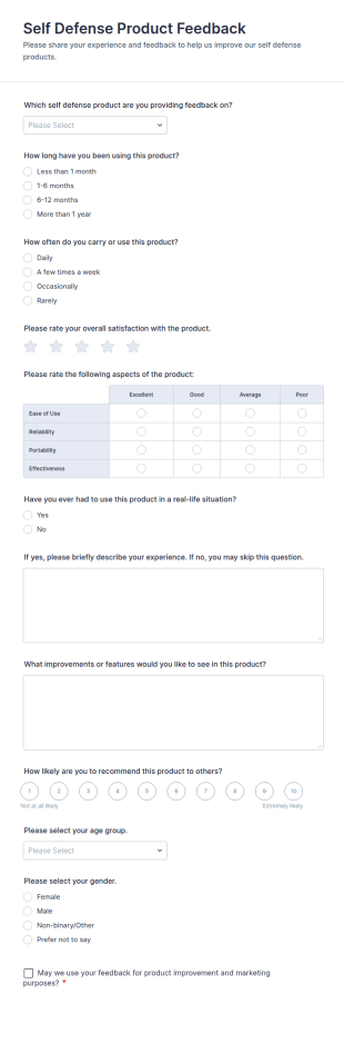 Self Defense Product Feedback Form Template