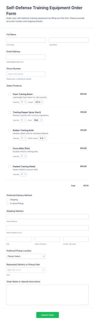 Self Defense Training Equipment Order Form Template