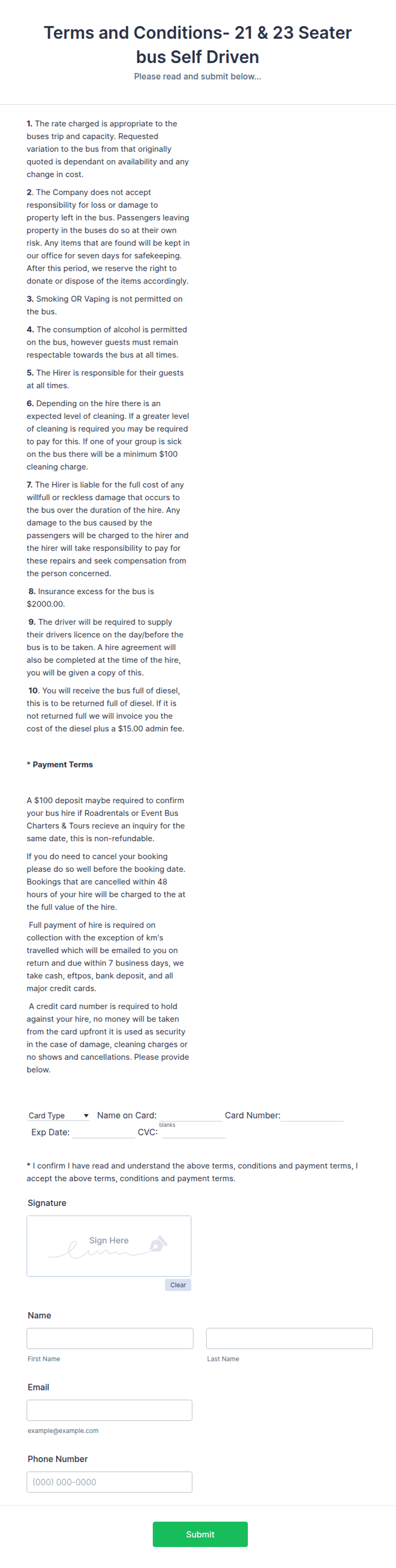 Self Driven Bus Hire Agreement Form Template | Jotform