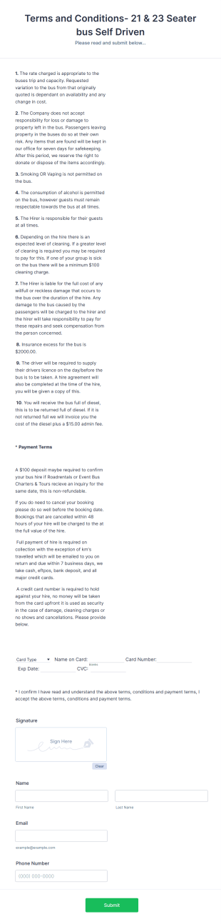 Self Driven Bus Hire Agreement Form Form Template