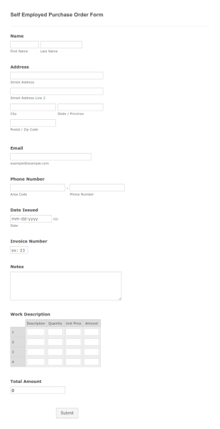 Self Employed Purchase Order Form Template