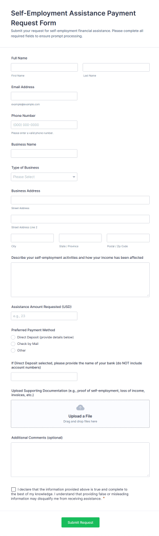 Self Employment Assistance Payment Request Form Template