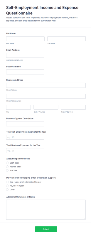 Self Employment Income And Expense Questionnaire Form Template