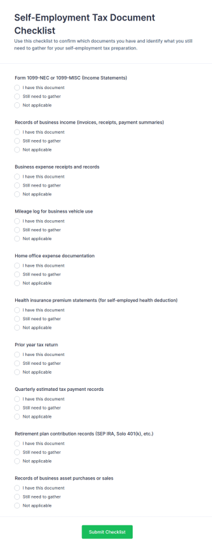 Self Employment Tax Document Checklist Form Template