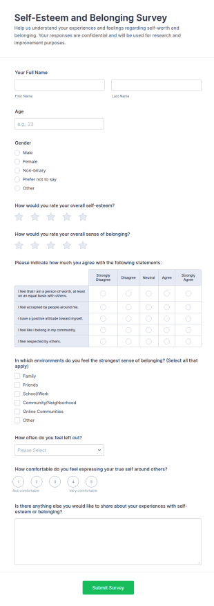 Self Esteem And Belonging Survey Form Template