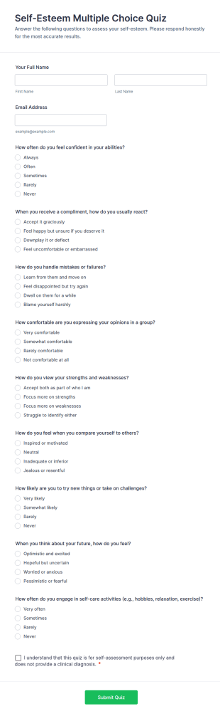 Self Esteem Multiple Choice Quiz Form Template