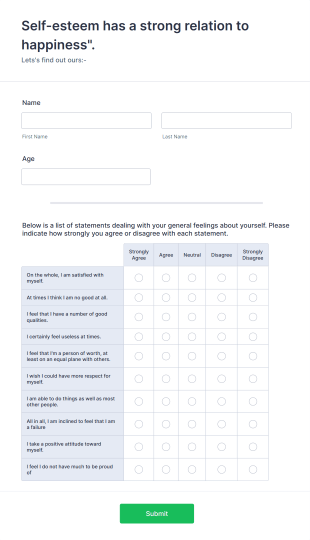 Self Esteem Questionnaire Form Template