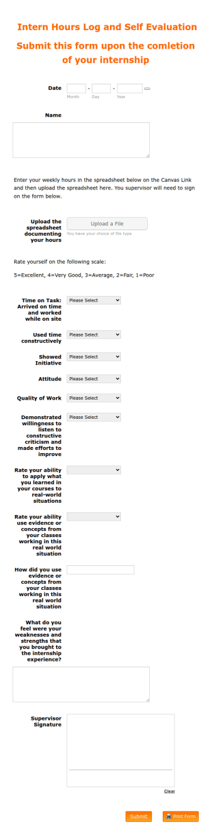 Intern Self Evaluation Form Template