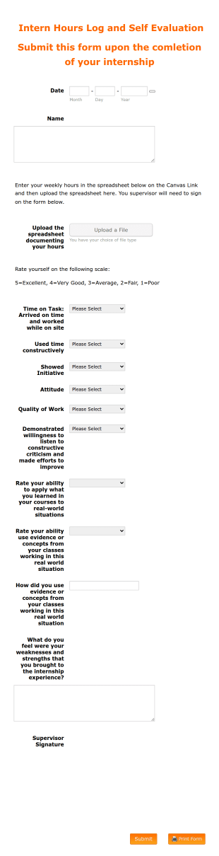 Intern Self Evaluation Form Template